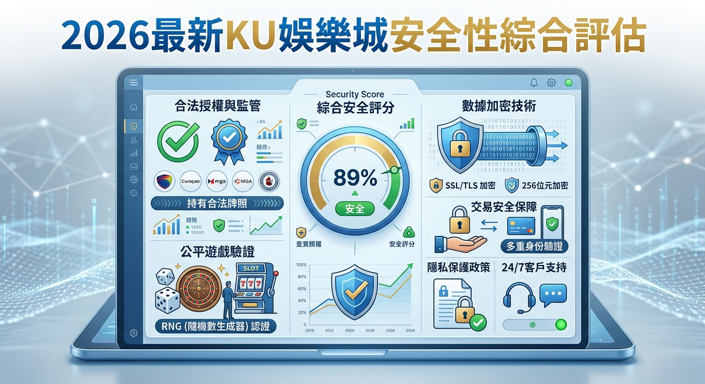這張圖展現了一台顯示著「2026最新KU娛樂城安全性綜合評估」儀表板的筆記型電腦，背景為數位科技線條。 畫面中詳細列出了合法授權、公平遊戲驗證、數據加密技術及綜合安全評分等評估指標圖示。